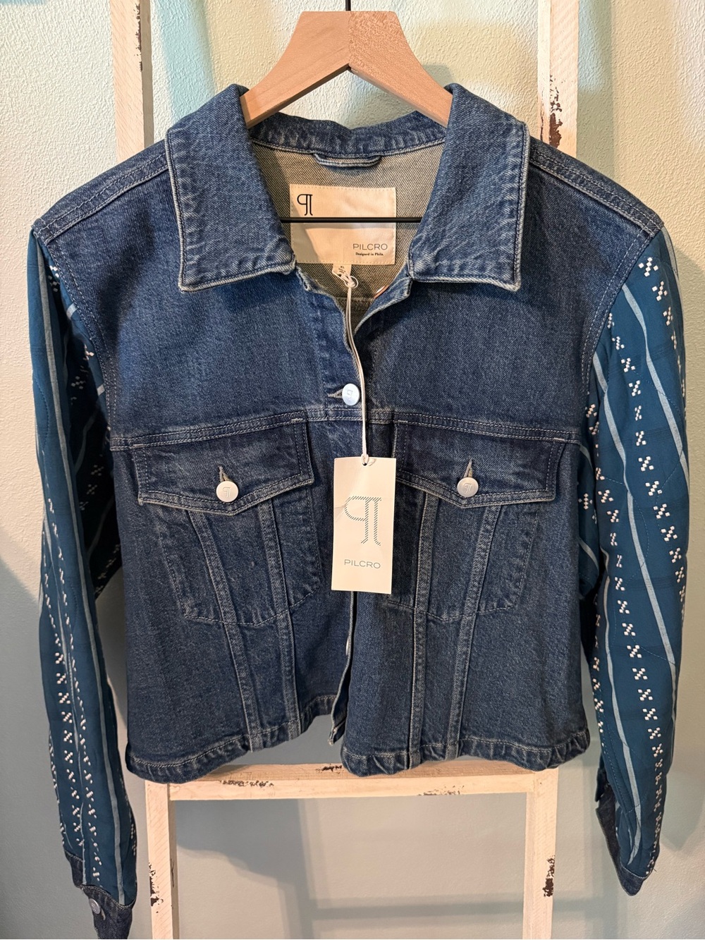 NWT Pilcro Crafted-Sleeve Quilted Blue Pattern Denim Crop Jacket Size XL